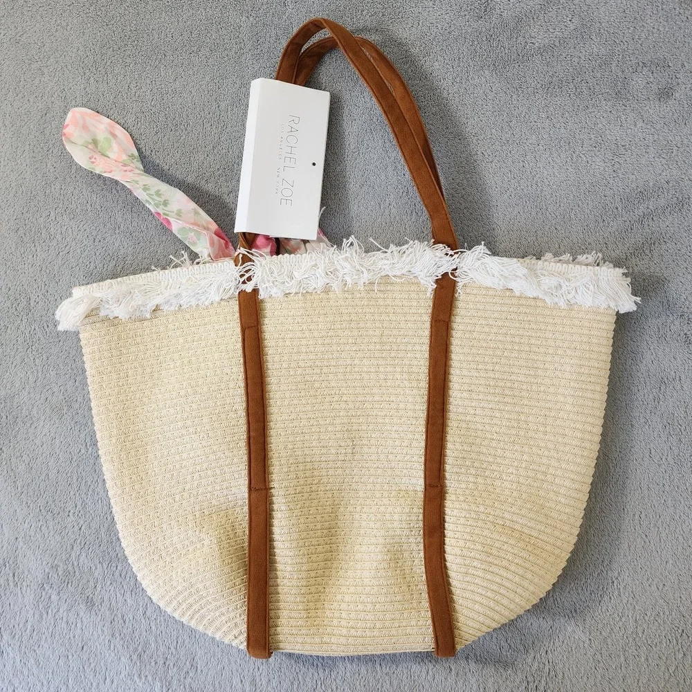 Rachel Zoe Bag Woven Raffia With Pink Floral Tie and Fringe Detail on Top
